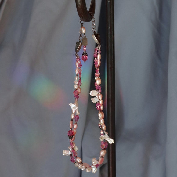 Tres Jolie Pink Crystals Pearls and Sterling Silver Double Strand Necklace - Picture 1 of 4